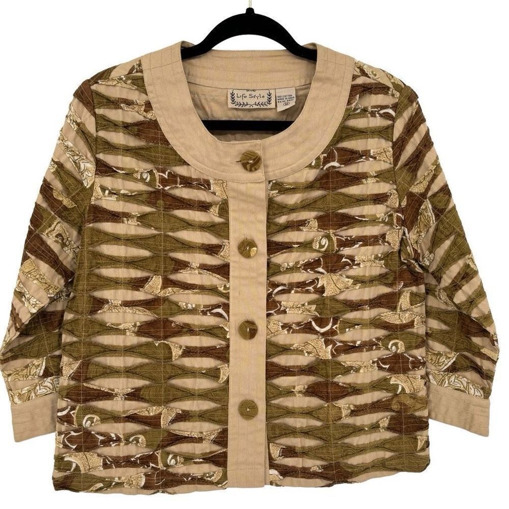 Life style Art To Wear Boxy Lagenlook Blouse Tan Brown Green Medium‎